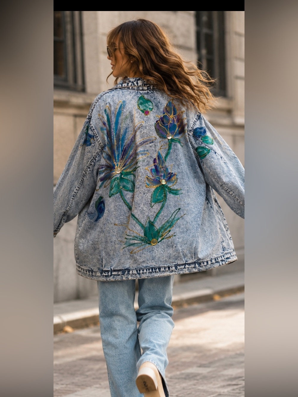 Vintage Hand Painted Denim Jacket XL Floral Rhinestone Acid Wash Boho Art USA